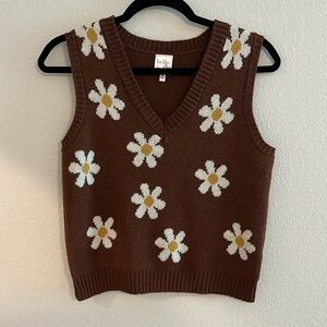 Daisy Knit Floral Sweater Vest 60s 70s Retro Size M